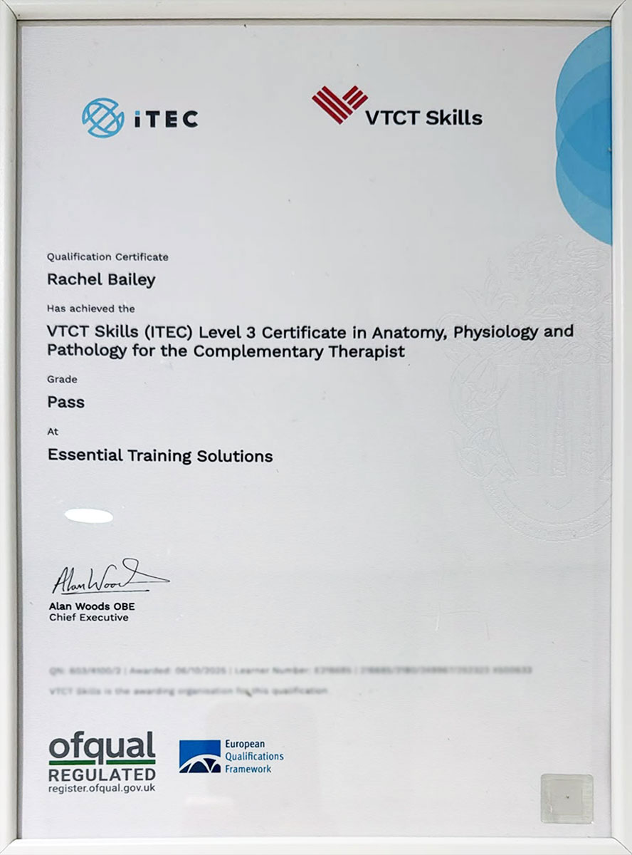 VTCT Skills (ITEC) Level 3 Certificate in Anatomy, Physiology and Pathology for the Complementary Therapist, awarded to Rachel Bailey